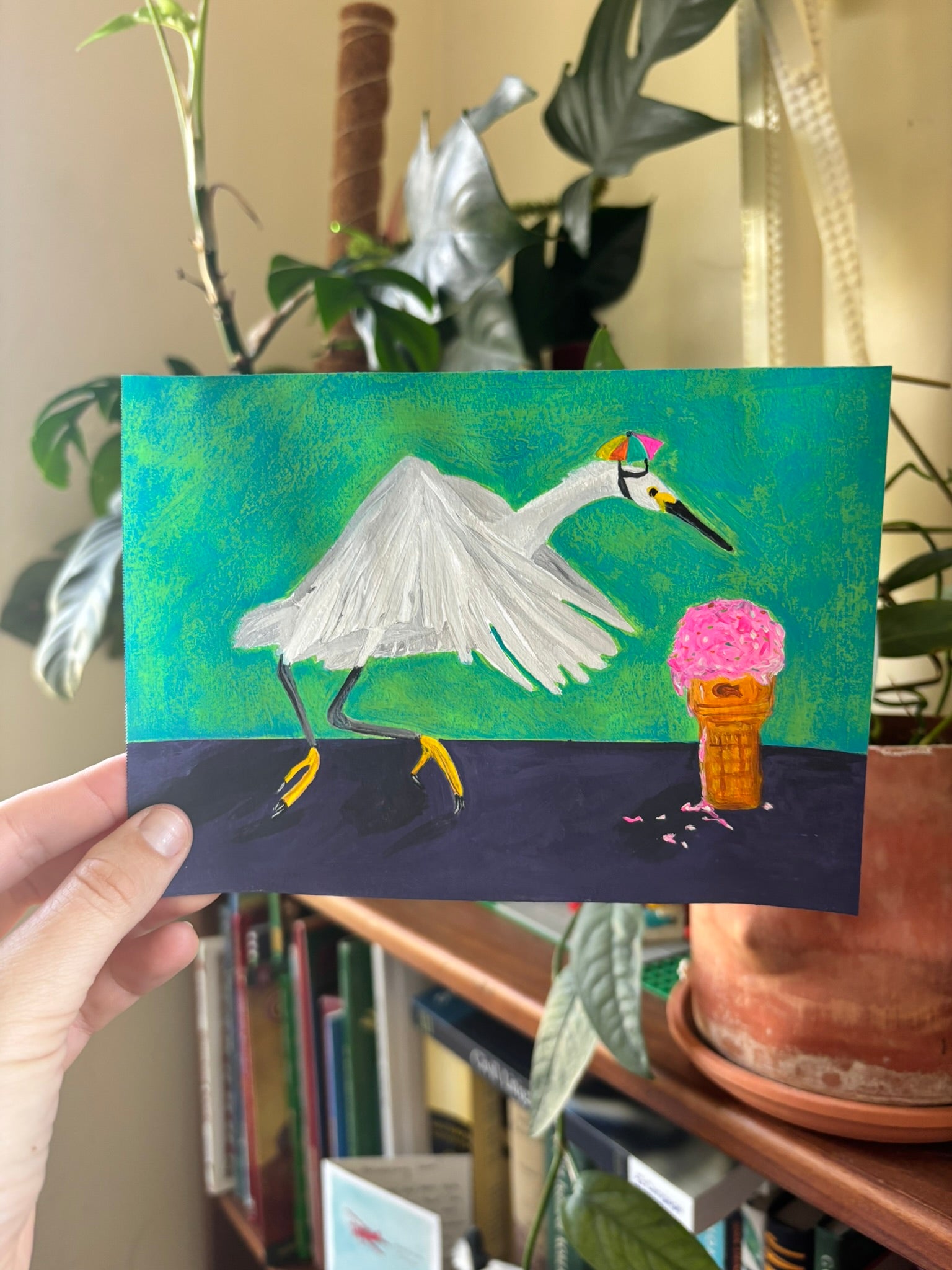 Egret With Ice Cream, 5"x7" Original